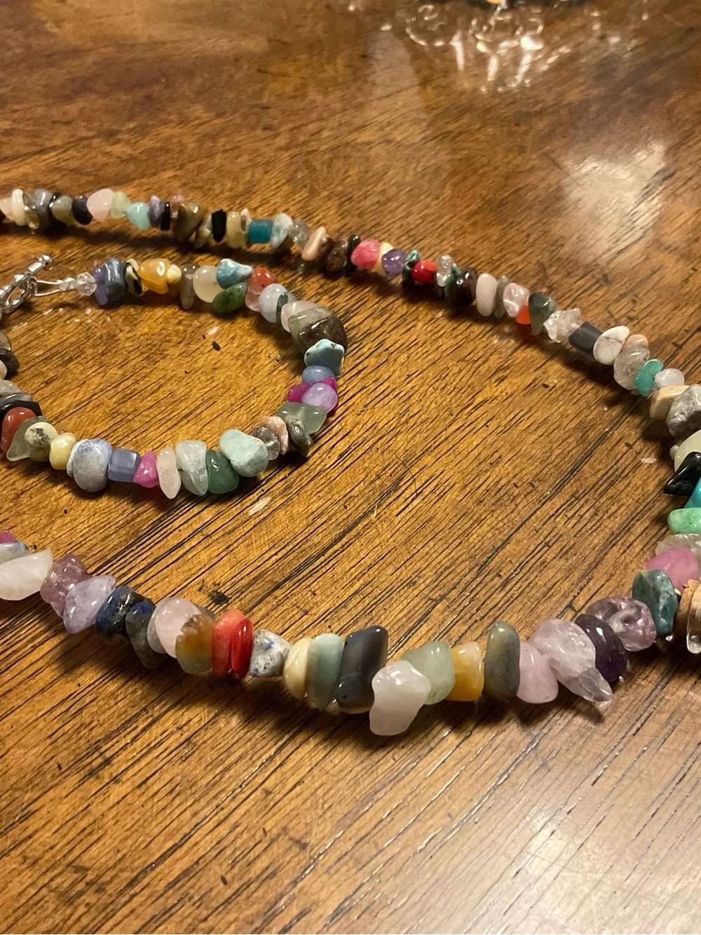 Multi-Color Chip Gemstone Necklace and Bracelet Set with Glass Vial Pendant